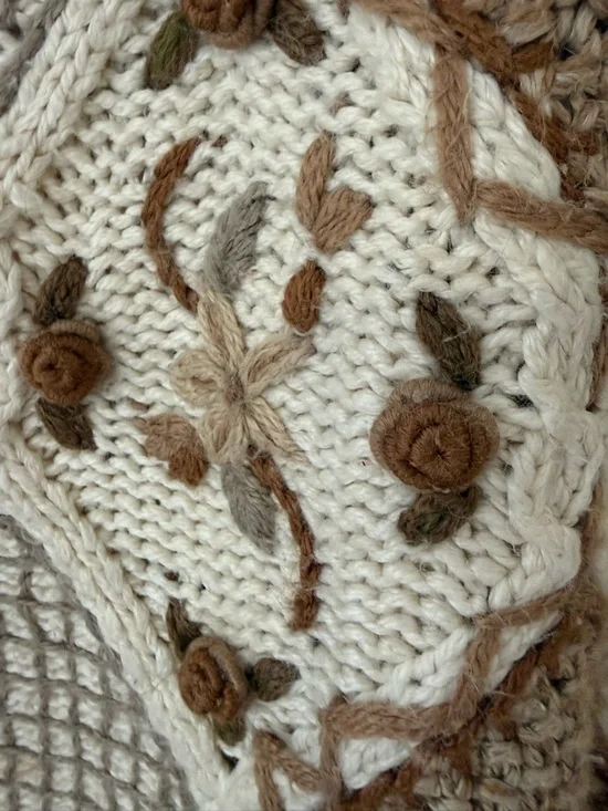 Vintage 90s Sz Lg Cottagecore Grandma Knit Chunky Neutral Sweater Patchwork Tan - Picture 14 of 16